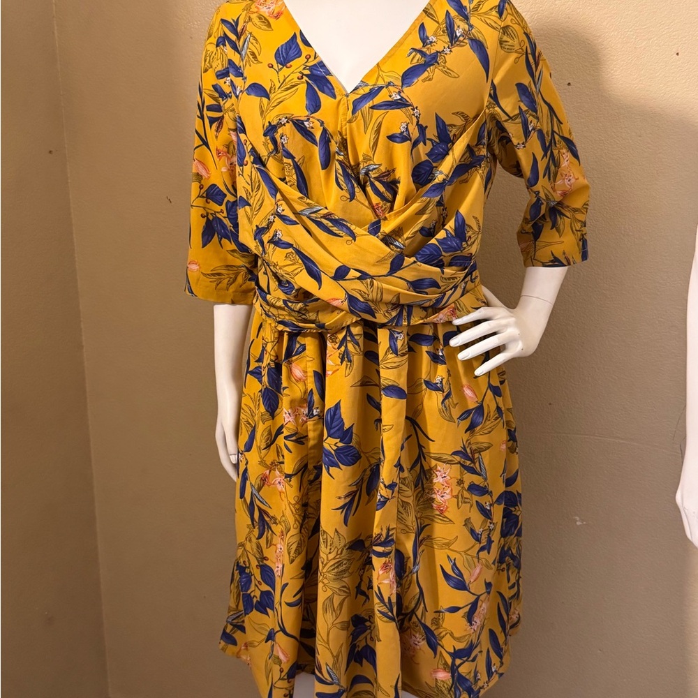DKNY Mustard Yellow Floral Wrap Midi Dress with Navy Leaf Print